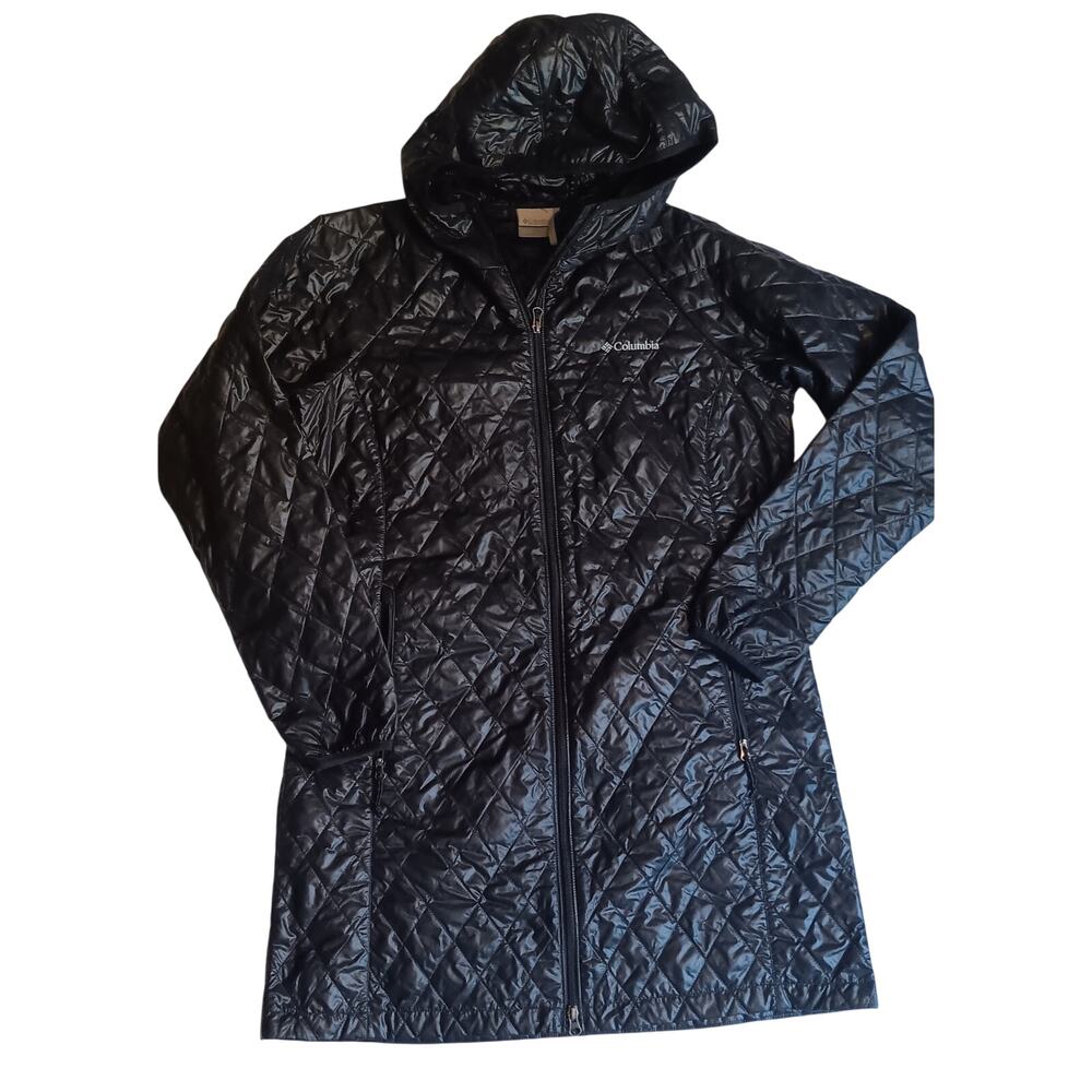 Columbia Women's Quilted Long Jacket L  Black Hooded Full Zip Diamond Pattern
